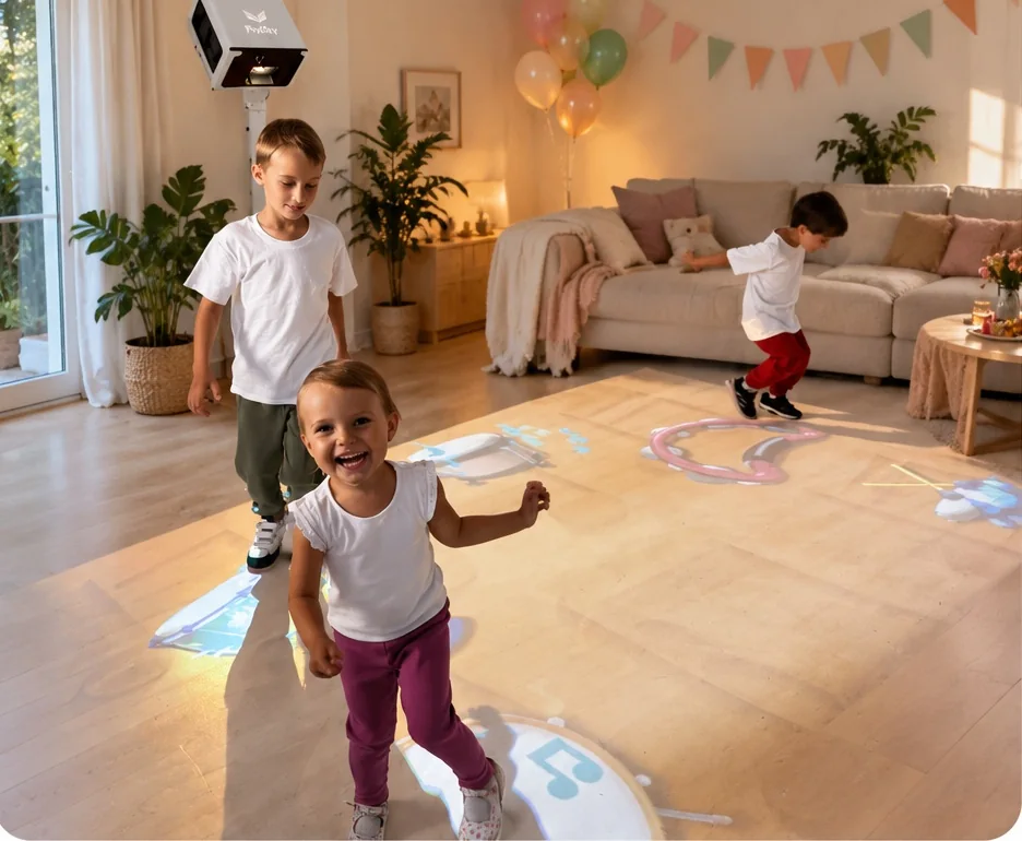 Kinder spielen auf einer interaktiven Wunderplay Bodenprojektion im Wohnzimmer