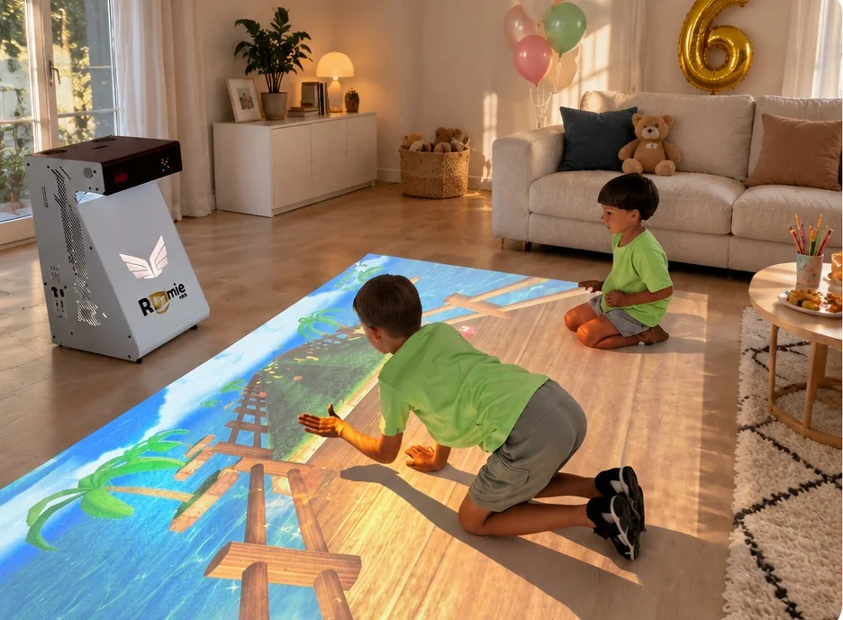 Kinder entdecken ein interaktives Wunderplay Bodenspiel zu Hause